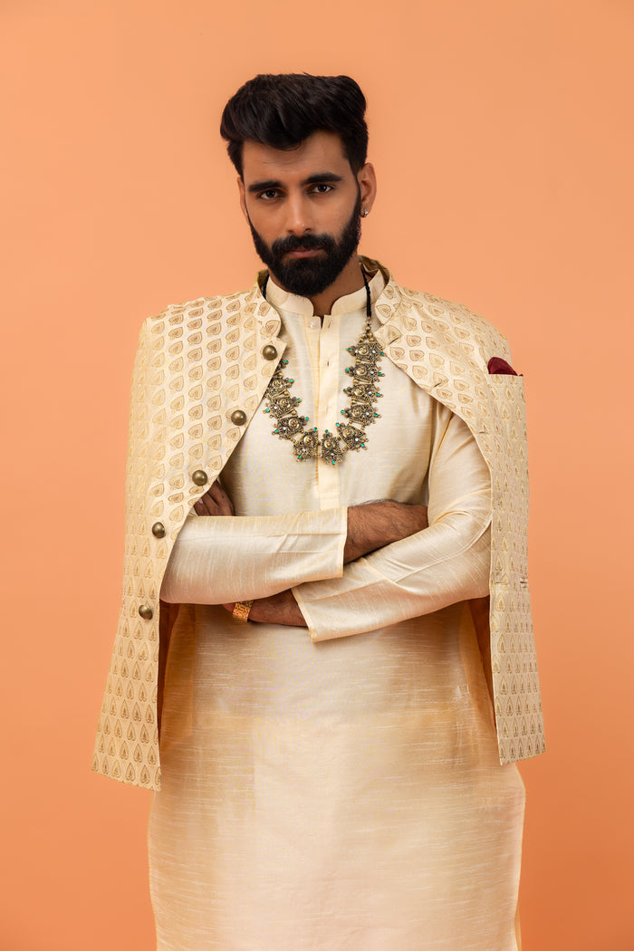 Beige Silk Blend Woven Jacket Kurta Churidar Set