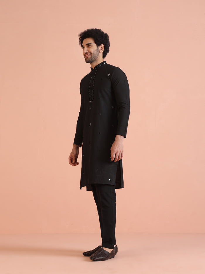Black Cotton Mirror Work Kurta Trouser Set