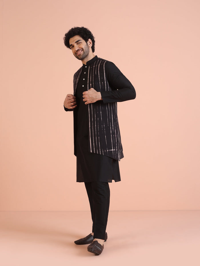 Black Cotton Printed Jacket Kurta Trouser Set