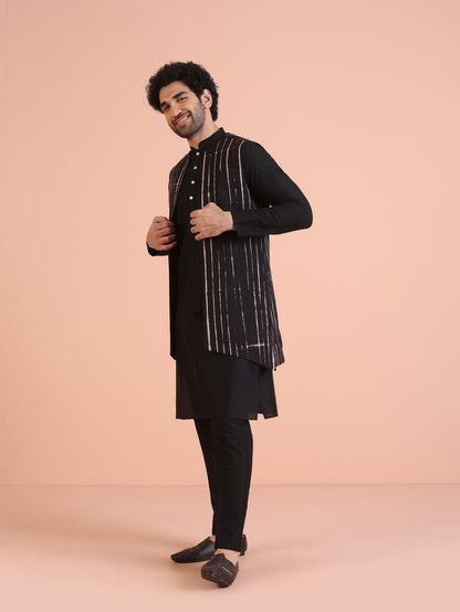 Black Cotton Printed Jacket Kurta Trouser Set