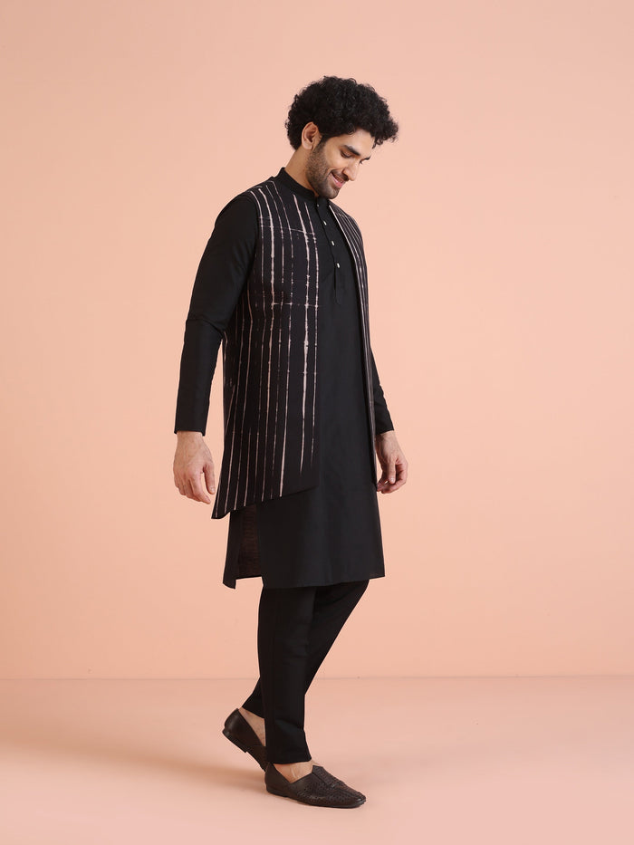 Black Cotton Printed Jacket Kurta Trouser Set