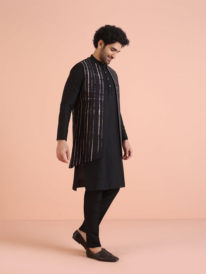 Black Cotton Printed Jacket Kurta Trouser Set