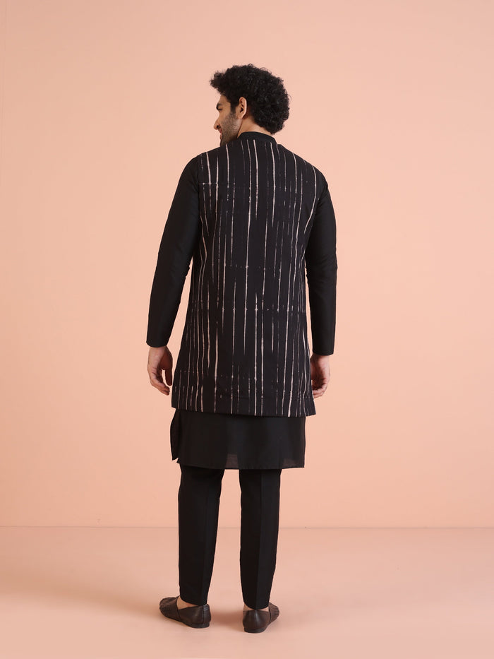 Black Cotton Printed Jacket Kurta Trouser Set