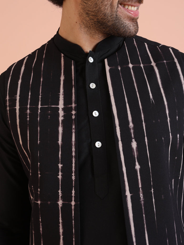 Black Cotton Printed Jacket Kurta Trouser Set