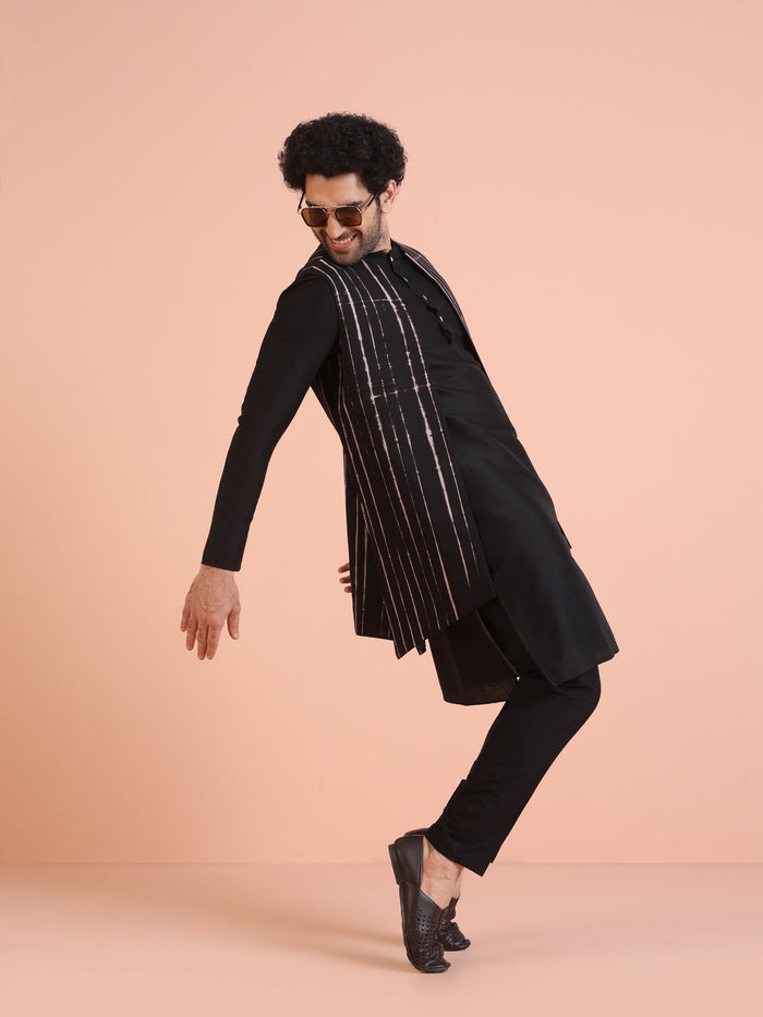 Black Cotton Printed Jacket Kurta Trouser Set