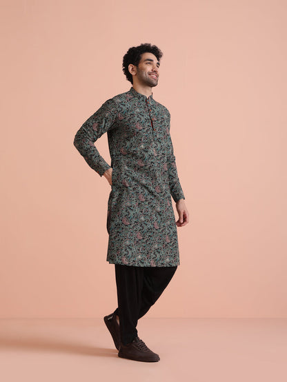 Black Cotton Printed Kurta Patiyala Set