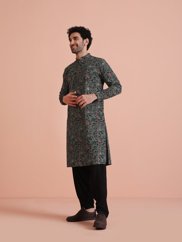 Black Cotton Printed Kurta Patiyala Set