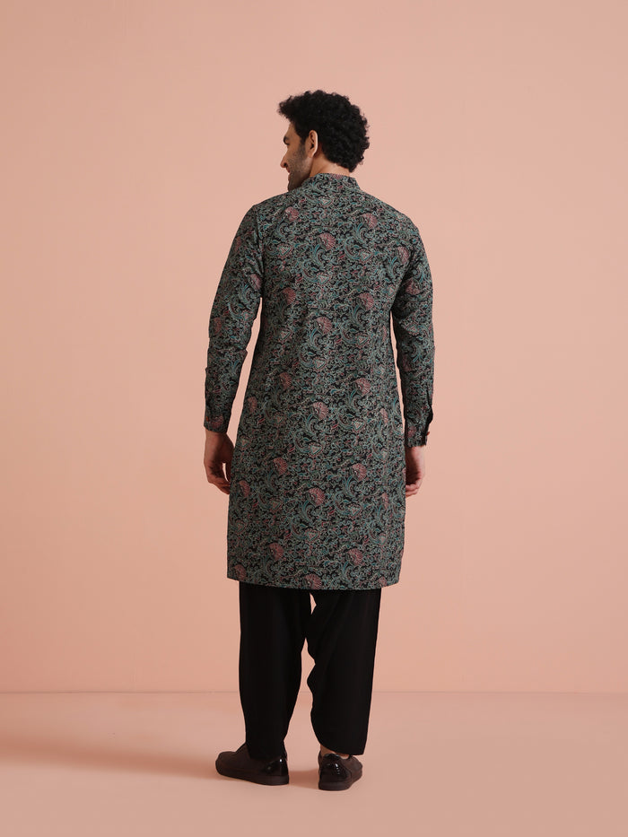 Black Cotton Printed Kurta Patiyala Set