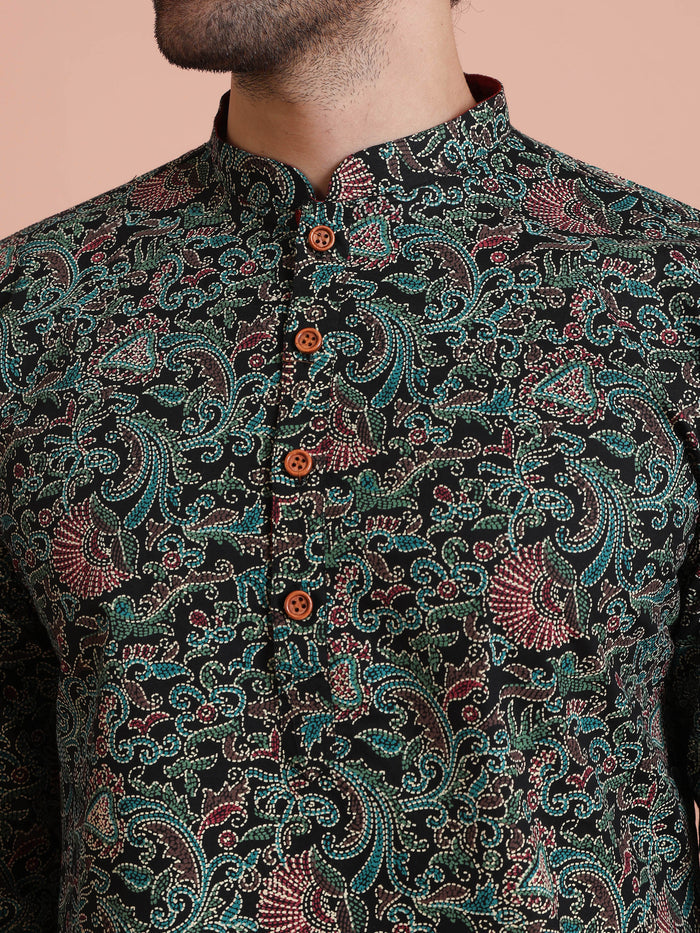 Black Cotton Printed Kurta Patiyala Set