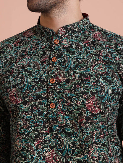 Black Cotton Printed Kurta Patiyala Set