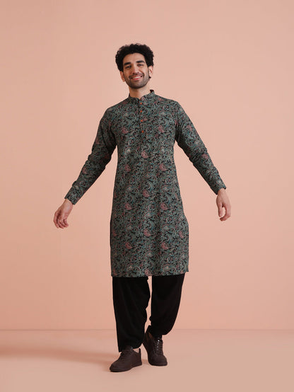 Black Cotton Printed Kurta Patiyala Set