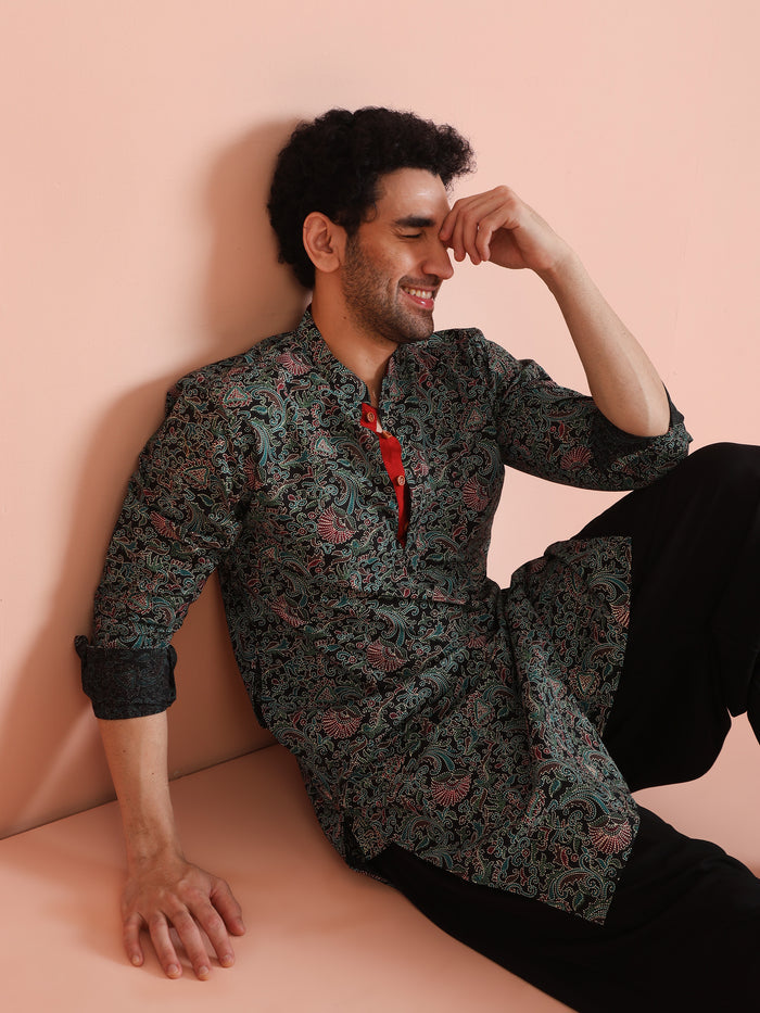 Black Cotton Printed Kurta Patiyala Set