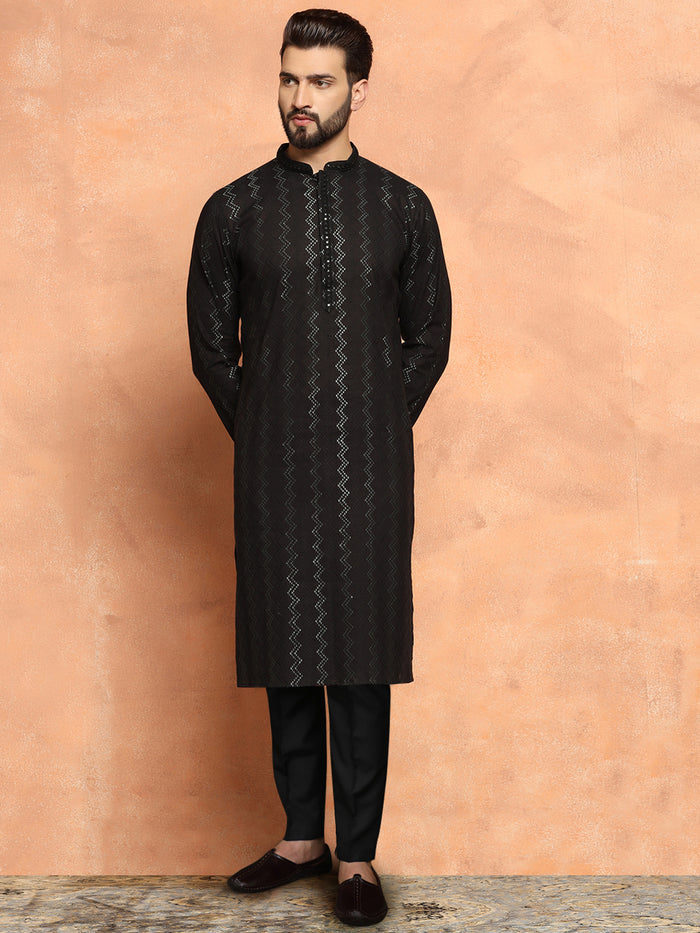 Black Cotton Silk Indowestern Achkan Kurta Trouser Set