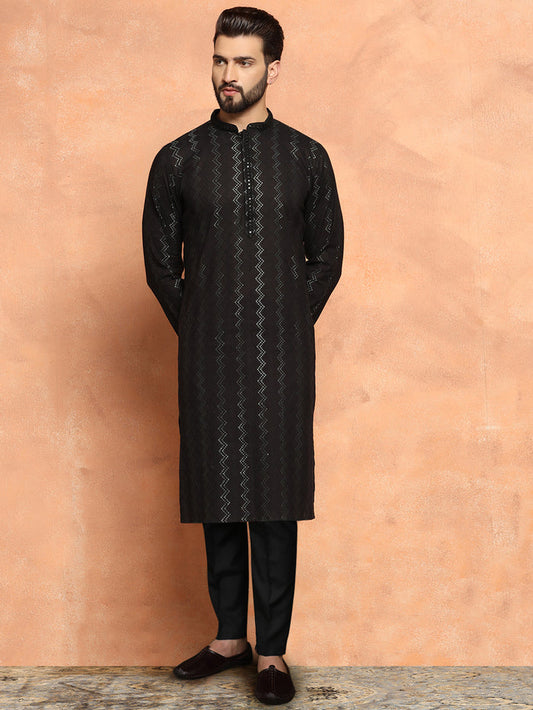 Black Cotton Silk Indowestern Achkan Kurta Trouser Set
