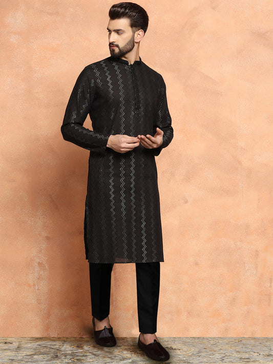 Black Cotton Silk Indowestern Achkan Kurta Trouser Set