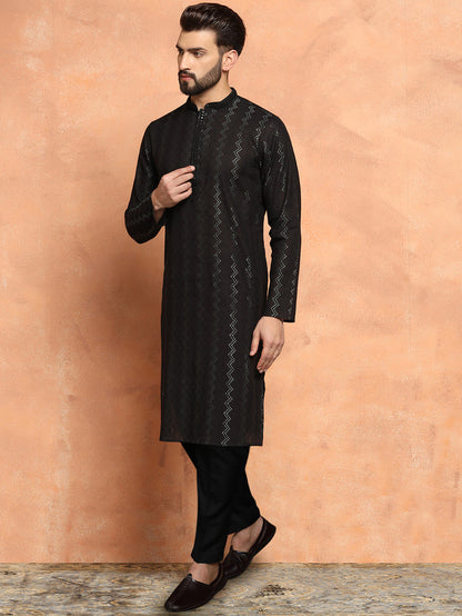 Black Cotton Silk Indowestern Achkan Kurta Trouser Set