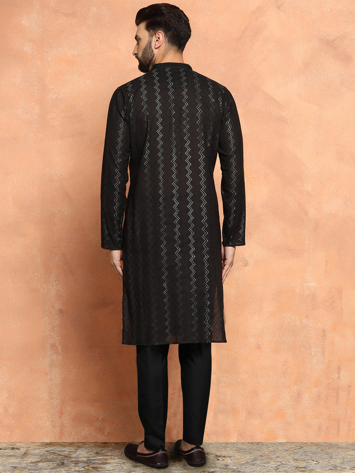 Black Cotton Silk Indowestern Achkan Kurta Trouser Set