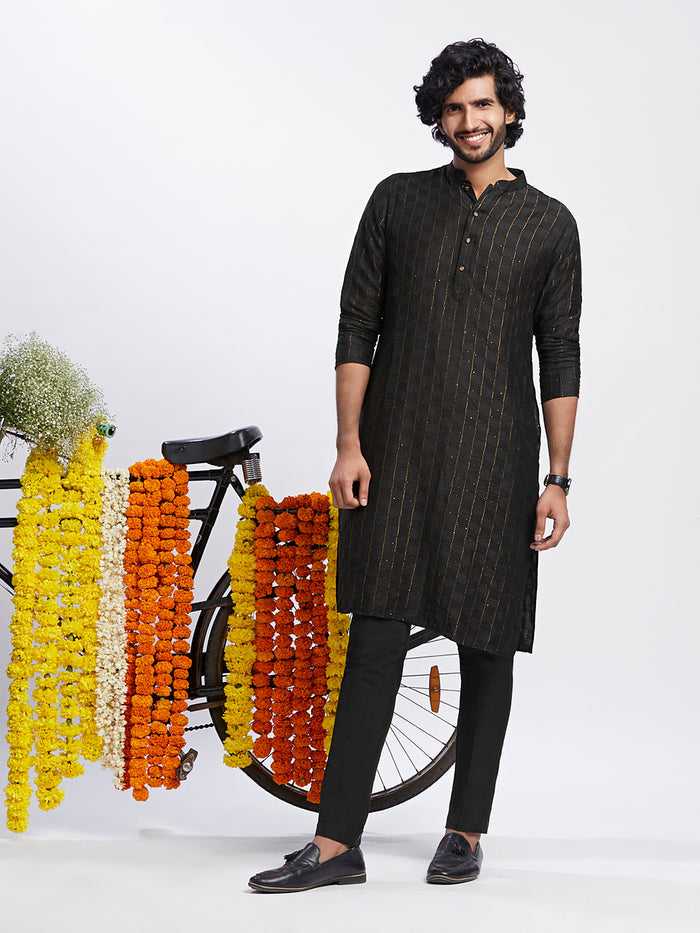 Black Cotton Silk Striped Kurta with Trousers