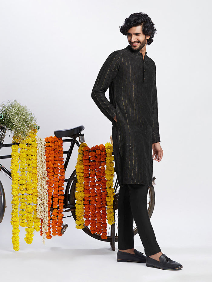 Black Cotton Silk Striped Kurta with Trousers