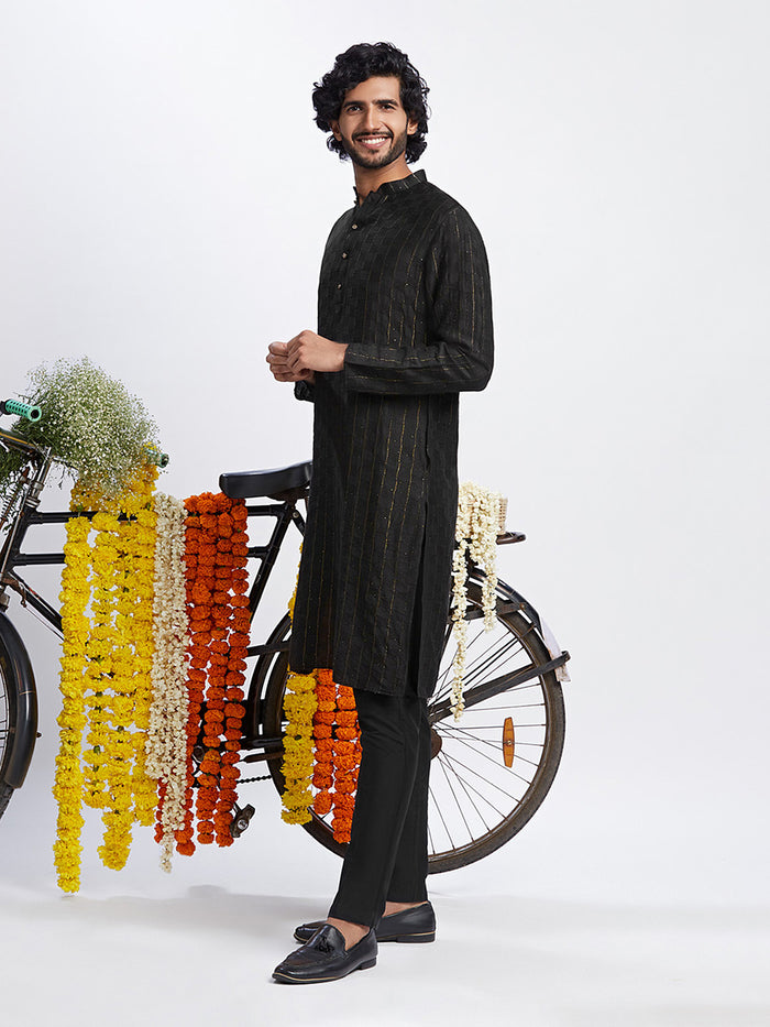 Black Cotton Silk Striped Kurta with Trousers