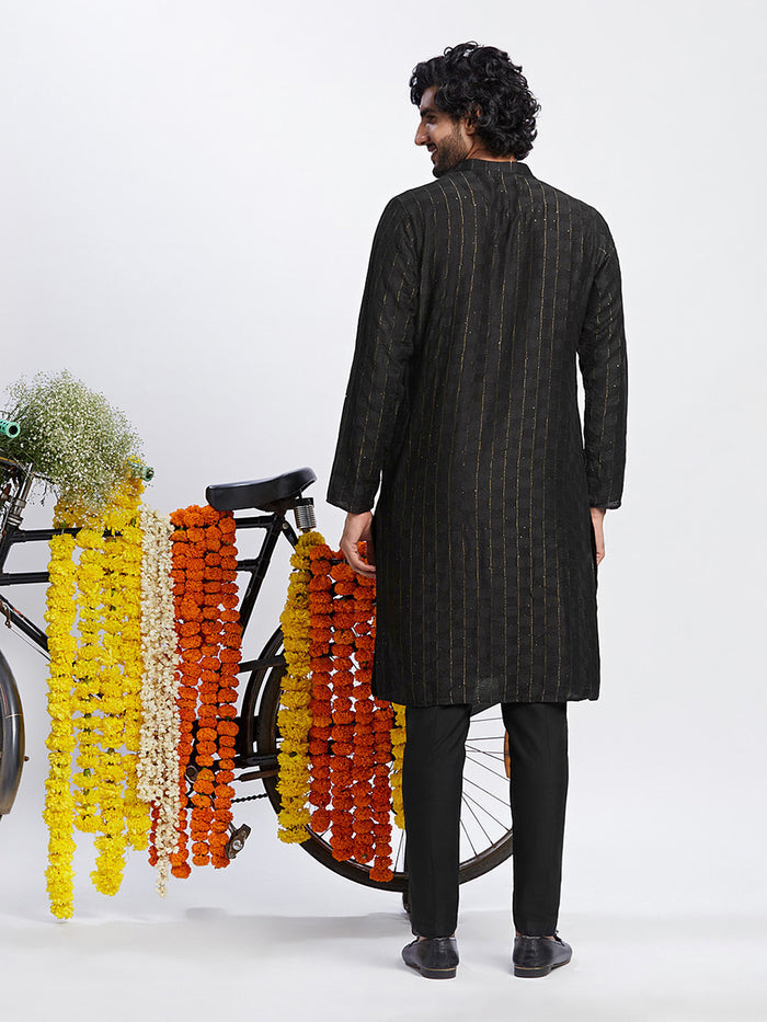 Black Cotton Silk Striped Kurta with Trousers