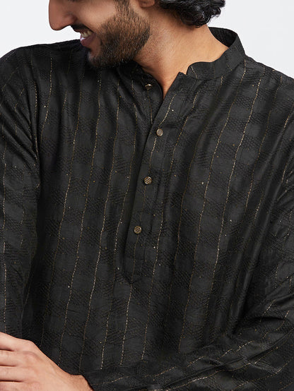 Black Cotton Silk Striped Kurta with Trousers
