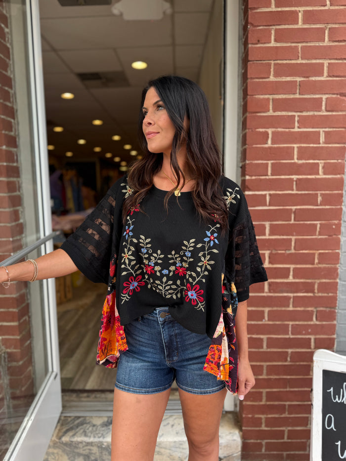 Black Emb Floral Top