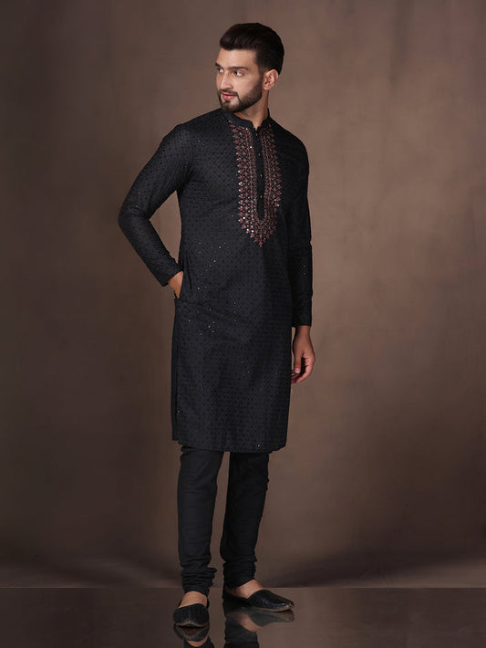 Black Embroidered Kurta Set with Churidar