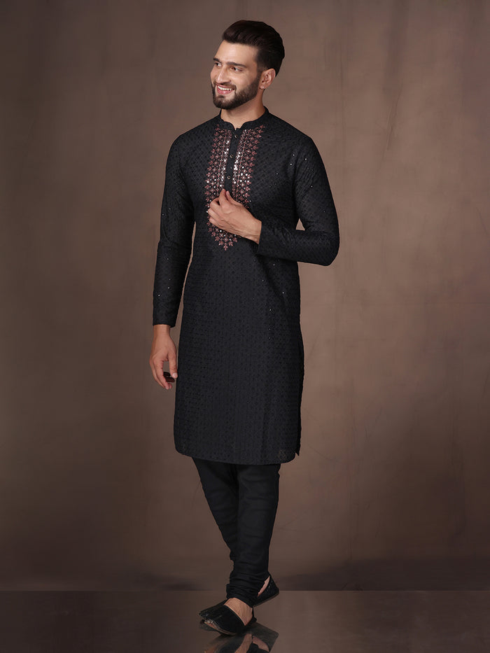 Black Embroidered Kurta Set with Churidar