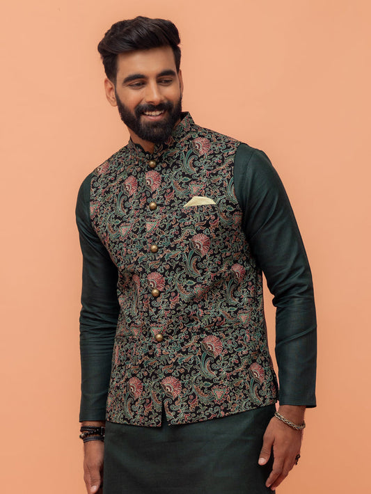 Black Multi-Color Printed Nehru Jacket