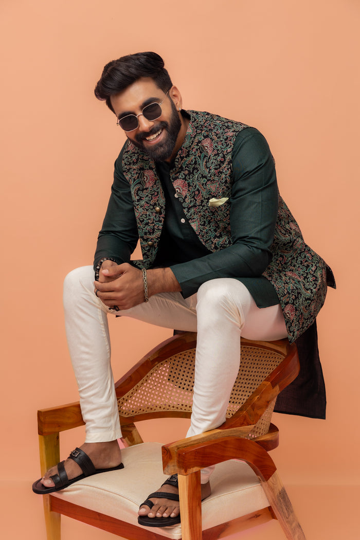 Black Multi-Color Printed Nehru Jacket