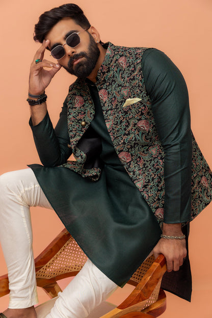 Black Multi-Color Printed Nehru Jacket