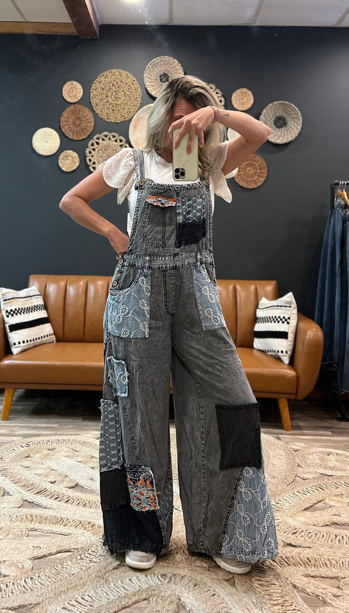 Black Multi Patch Overalls