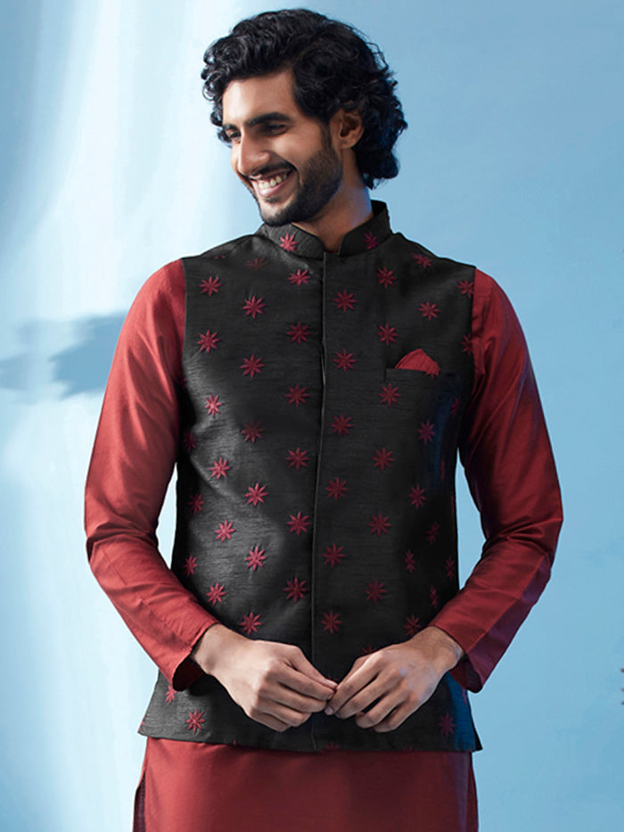 Black Nehru Jacket with Maroon Star Embroidery