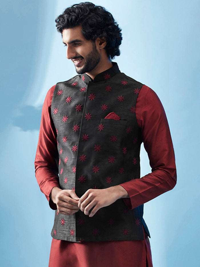 Black Nehru Jacket with Maroon Star Embroidery