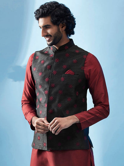 Black Nehru Jacket with Maroon Star Embroidery