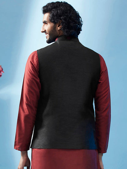 Black Nehru Jacket with Maroon Star Embroidery