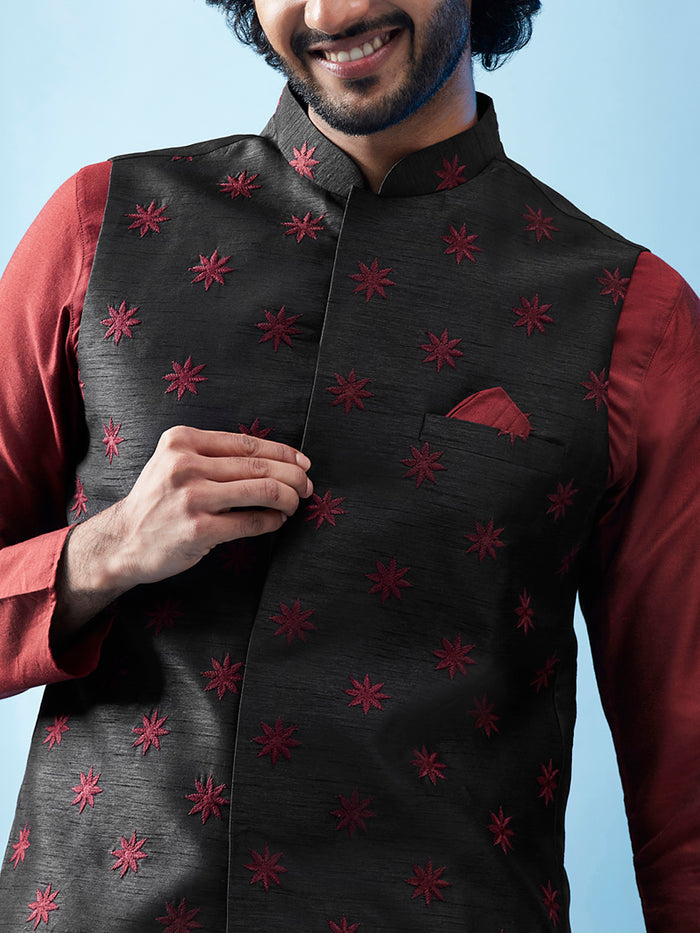 Black Nehru Jacket with Maroon Star Embroidery