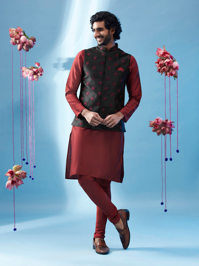 Black Nehru Jacket with Maroon Star Embroidery