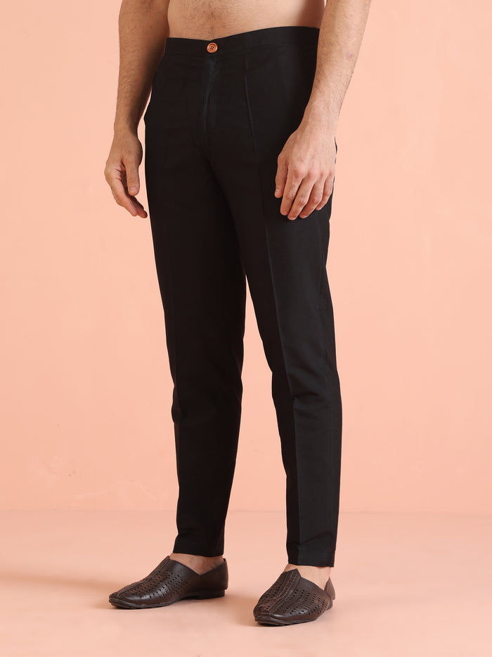 The image highlights the trousers paired with Black Printed Cotton Silk Kurta Trouser Set of Kisah.
