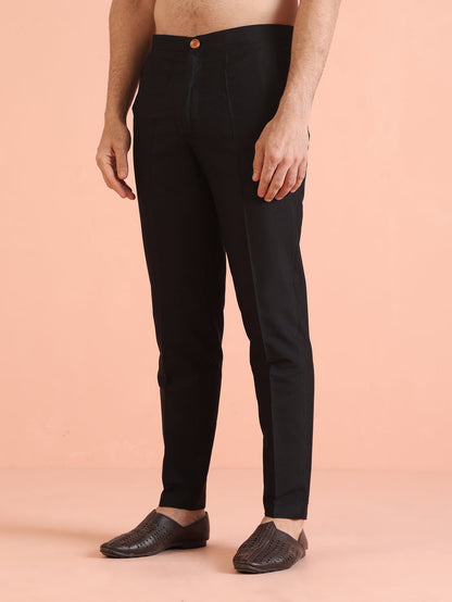 The image highlights the trousers paired with Black Printed Cotton Silk Kurta Trouser Set of Kisah.