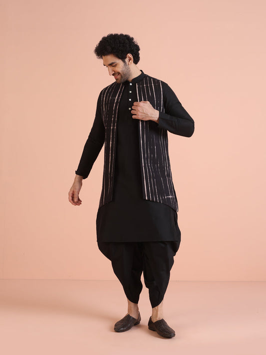 Black Printed Jacket Kurta Dhoti Set