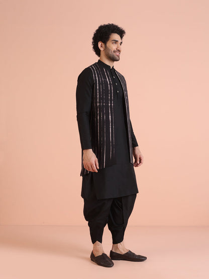 Black Printed Jacket Kurta Dhoti Set