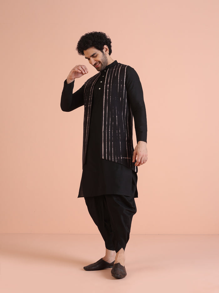 Black Printed Jacket Kurta Dhoti Set