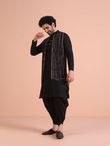 Black Printed Jacket Kurta Dhoti Set