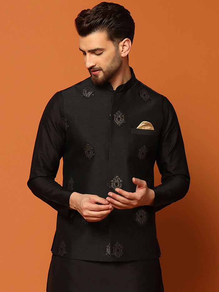 Black Silk Blend Embroidered Nehru Jacket