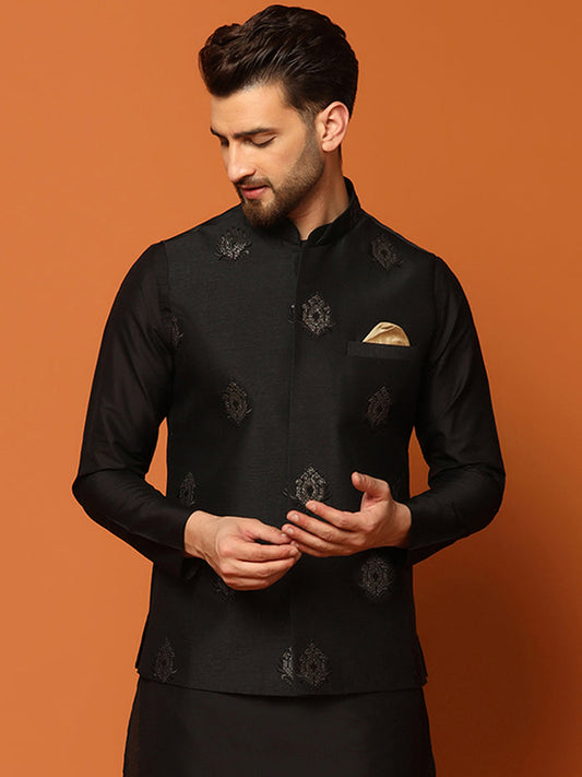 Black Silk Blend Embroidered Nehru Jacket