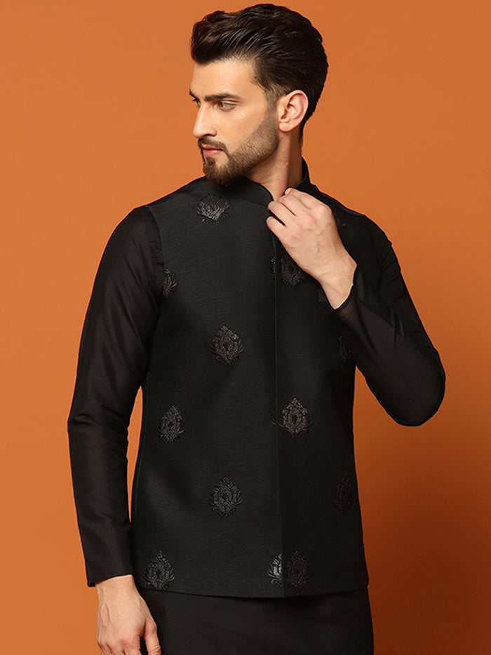 Black Silk Blend Embroidered Nehru Jacket