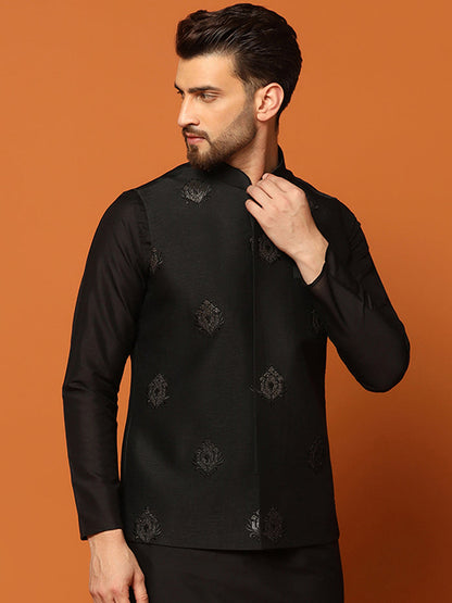 Black Silk Blend Embroidered Nehru Jacket