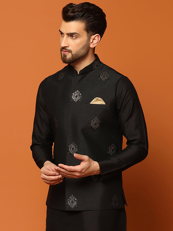 Black Silk Blend Embroidered Nehru Jacket